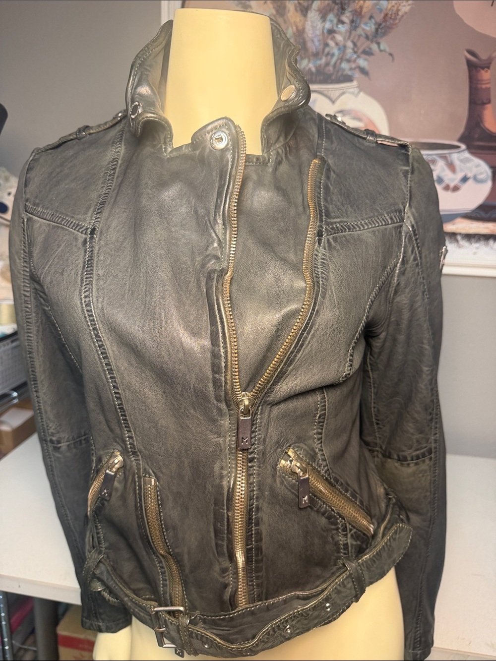 Women's Olive Green Distressed Leather Biker Jacket with Gold Hardware